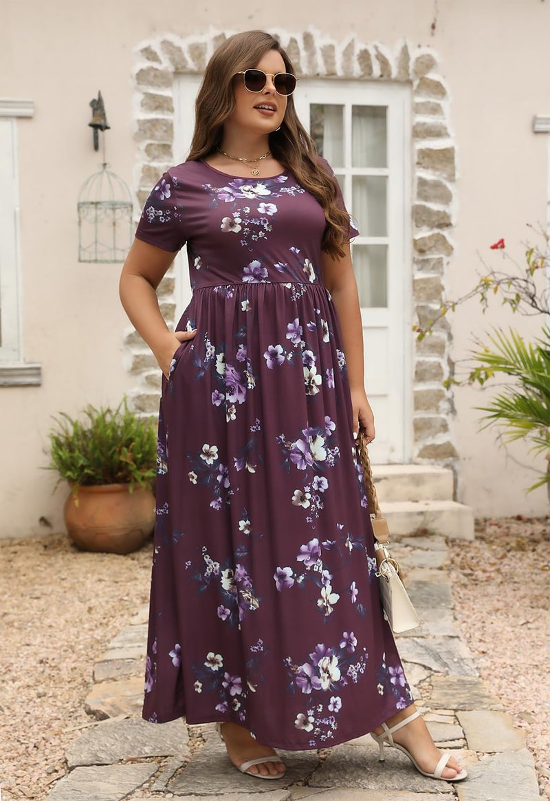 Nemidor Plus Size Maxi Dresses for Curvy Women Summer Casual Loose Short Sleeve Long Beach Dress with Pocket(149,22,Red Bean+Print) - Image 4